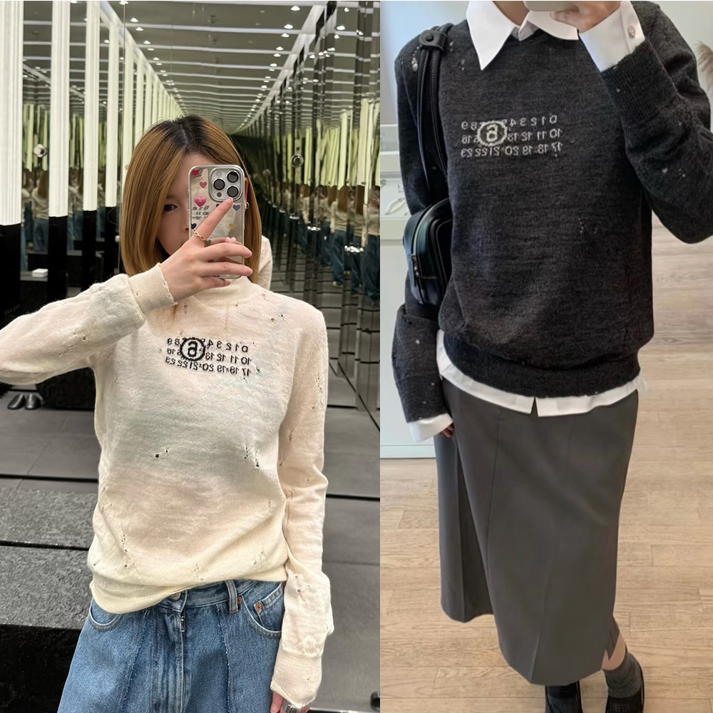 南油品质2025秋冬新款美式复古数字提花做旧破洞针织衫羊毛毛衣女