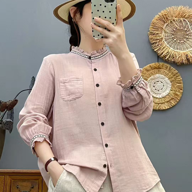 Autumn 2025 Shirt Top with Ruffled Collar, Double-Layer Cotton Gauze Shirt, New Skin-Friendly, Soft, Slimming, and Age-Reducing