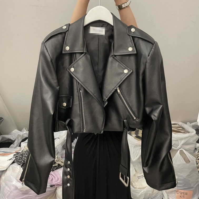 Leather Coat Women's Maillard Style PU Jacket Top Fashion Lapel Short Slim Leather Coat