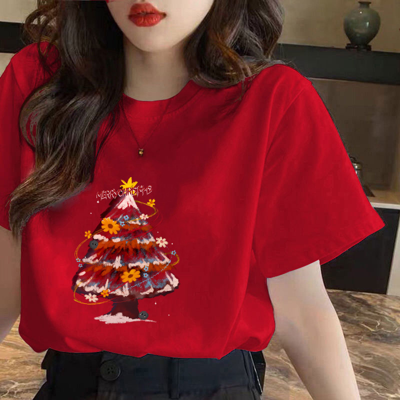 Red Christmas Short-Sleeved T-Shirt for Women Pure Cotton 2025 New Hot Style Loose Slimming Look T-Shirt Top Christmas Wear