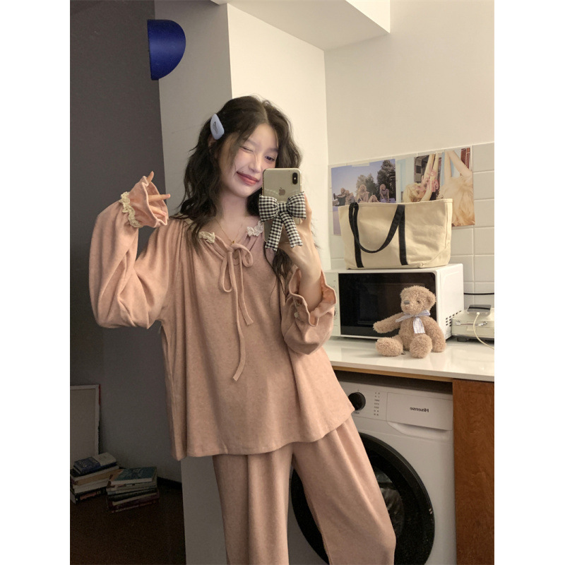 Real Shot of 2025 New Autumn and Winter Korean Style Simple Lace Terry Cloth Pajamas Set Casual Loose Lazy Home Clothes