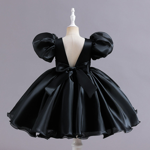 Girls' dress, evening dress, puff sleeves, short satin tutu skirt, back slit with bow, advanced