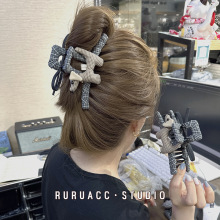 小众AB版设计充棉铃铛小狗抓夹大号高级韩国格子布艺蝴蝶结鲨鱼夹