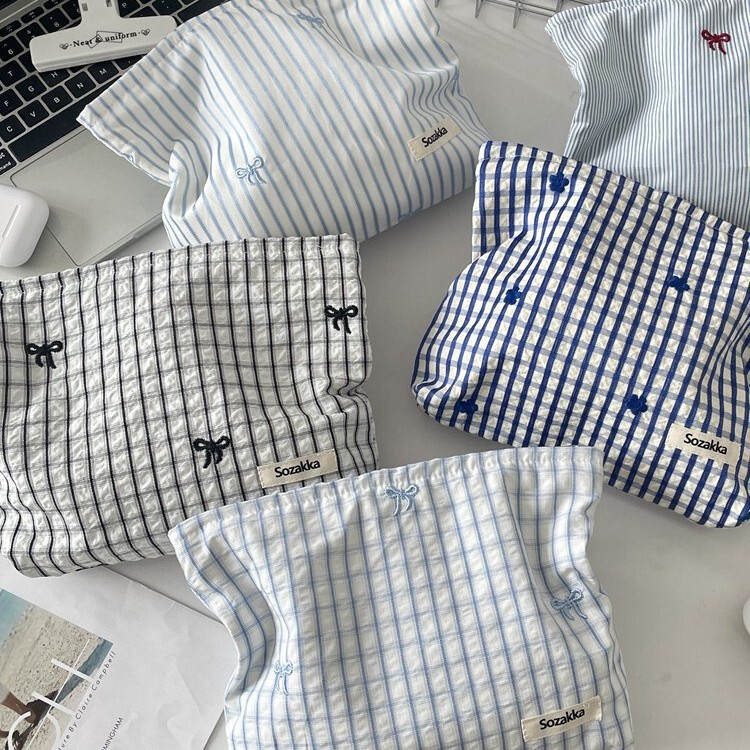 57192 Plaid Blue Embroidered Flower Cosmetic Bag Women's Lipstick Cosmetics Bag Air Cushion Makeup Bag Cosmetics Bag