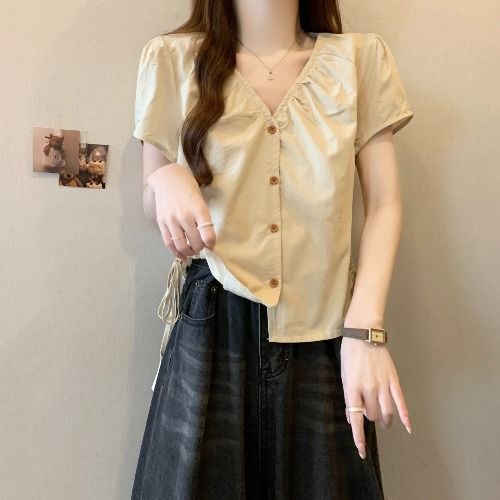 Plus Size V-Neck Drawstring Pleated Right Shoulder Short-Sleeved Shirt for Women Summer New Fat mm Waist-Covering Belly Short Top Plus Size V-Neck Drawstring Pleated Right Shoulder Short-Sleeved Shirt for Women Summer New Fat mm Waist-Covering Belly Short Top