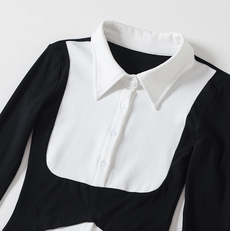 T289-24 가을 새로운 유럽과 미국 스타일의 가짜 투피스 컬러 매칭 디자인 센스 폴로 칼라 싱글 브레스트 긴 소매 짧은 셔츠