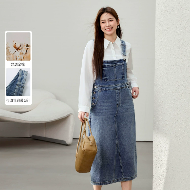 [Модное сокращение возраста носить джинсовое платье с ремешком] Funny Show большой размер женский толстый mm2025 весенний новый