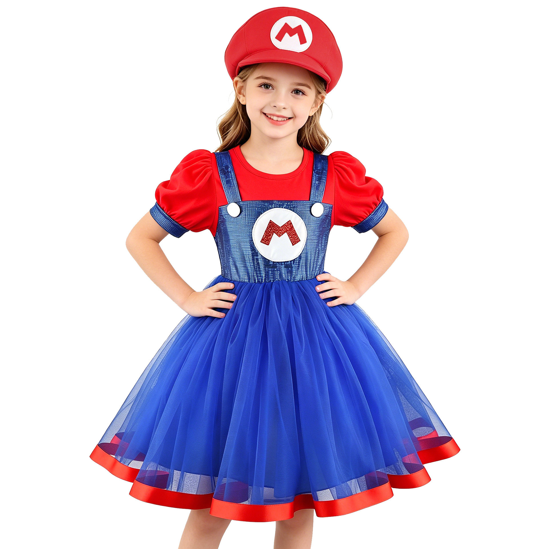 New foreign trade super Mario girls' dress for parties, performances, cosplay costumes, children's clothing, faux two-piece dress