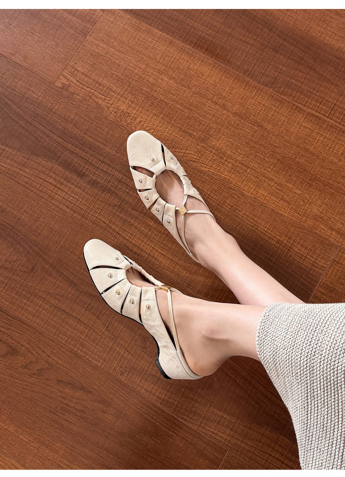 Sandal cao gót nữ mũi nhọn hở mũi, gót 5.5 cm, phong cách vintage đinh tán rỗng — Xám xanh chi tiết 4