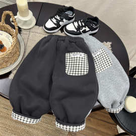 儿童冬季加绒休闲裤男童一体绒长裤女宝宝保暖直筒裤小童格子厚裤