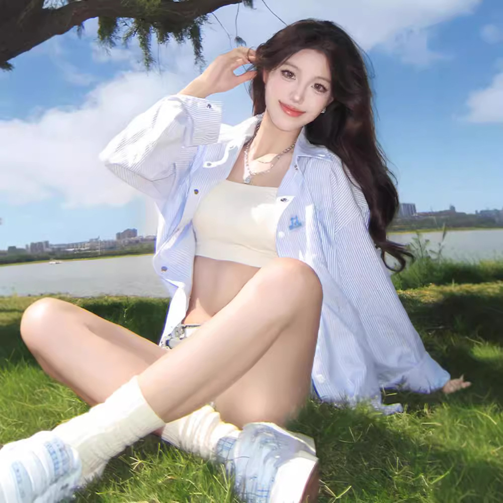 아메리칸 스타일 레트로 핫 소녀 줄무늬 폴로 칼라 셔츠 여성 코트 봄과 가을 느슨한 카디건 디자인 센스 도파민 탑
