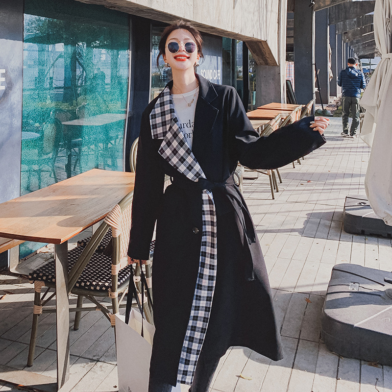 Plaid Stitching Trench Coat Image 4