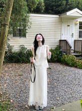 法式温柔风蕾丝拼接高级感无袖上衣半身裙女2025夏季新款时尚套装