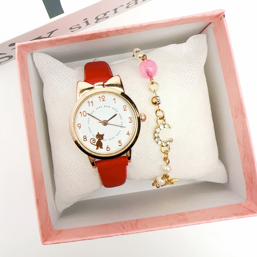 Jauns Instagram sieviešu, svaigs un jauks kaķu studentu kvarca pulksteņa rokassprādzes komplekts ar mēness_voghion.com