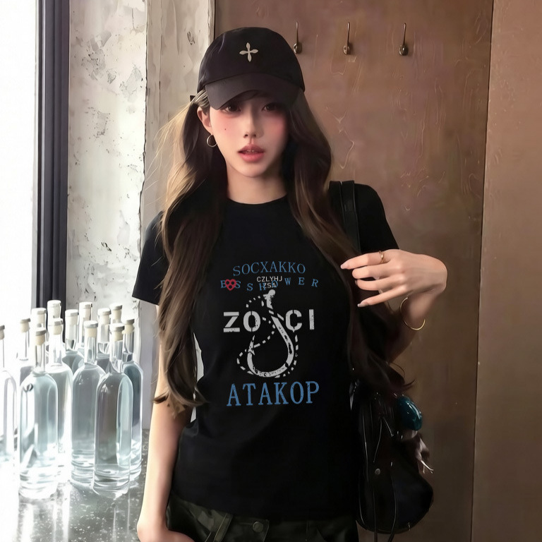Korean-style black pure cotton short-sleeve t-shirt for women, 2026 summer new model, letter print, slim-fit, slimming base shirt top
