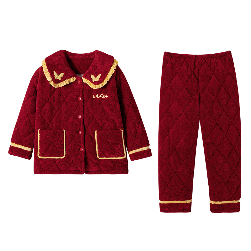 따뜻한 커플 잠옷 겨울 3 층 두꺼운 산호 양털 면 패딩 자켓 플러스 사이즈 빨간 가족 년 웨딩 홈 옷