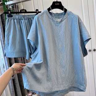 3792 Lazy Style Round Neck Blue Short-Sleeved T-Shirt Elastic Waist Shorts Fashion Suit Women's Two-Piece Loose Summer Set
