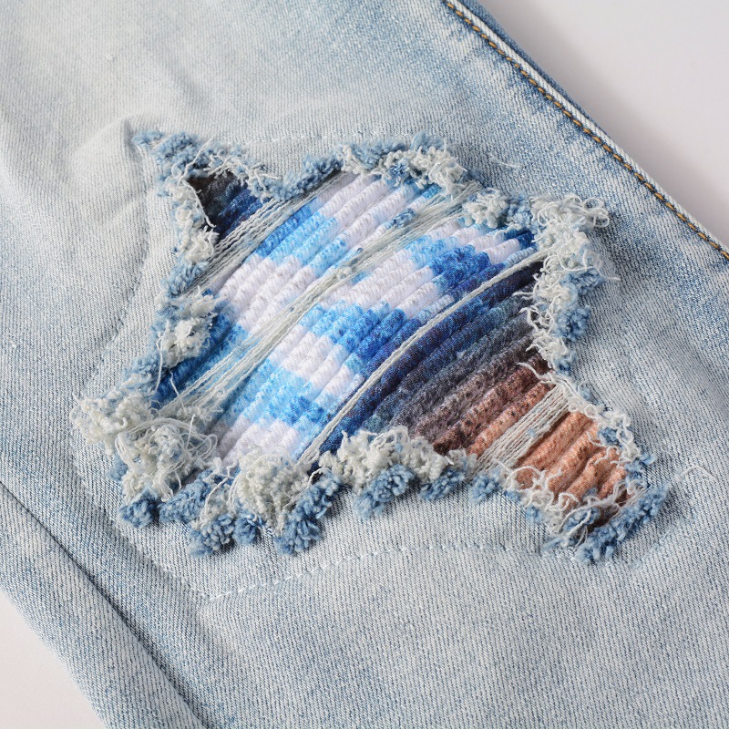 Herrenbekleidung im gleichen Stil, Katzenschnurrhaare, zerknitterte Farbe, Patchwork, Lederpatch, Loch, elastische Slim Fit-Röhrenjeans_voghion.com