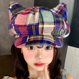 日系卡通猫耳朵格纹八角帽女早秋新款时尚气质百搭显脸小贝雷帽潮