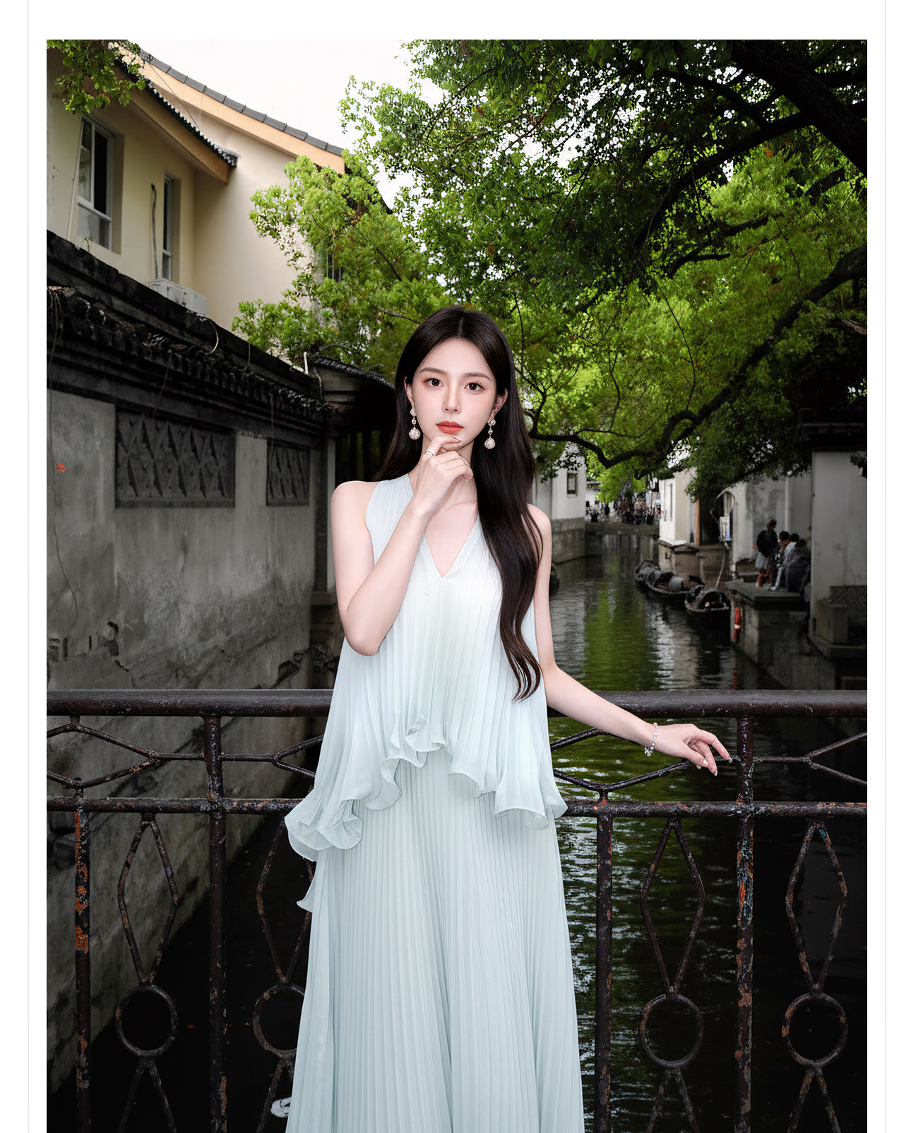Đầm maxi nữ thắt eo voan mỏng phong cách Tân Trung Hoa mùa hè — bạc hà xanh chi tiết 6
