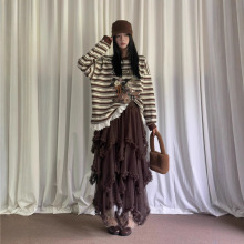 ME KAKAMEE十三行冬韩系压褶花边不规则设计内里加绒纱裙长裙 917