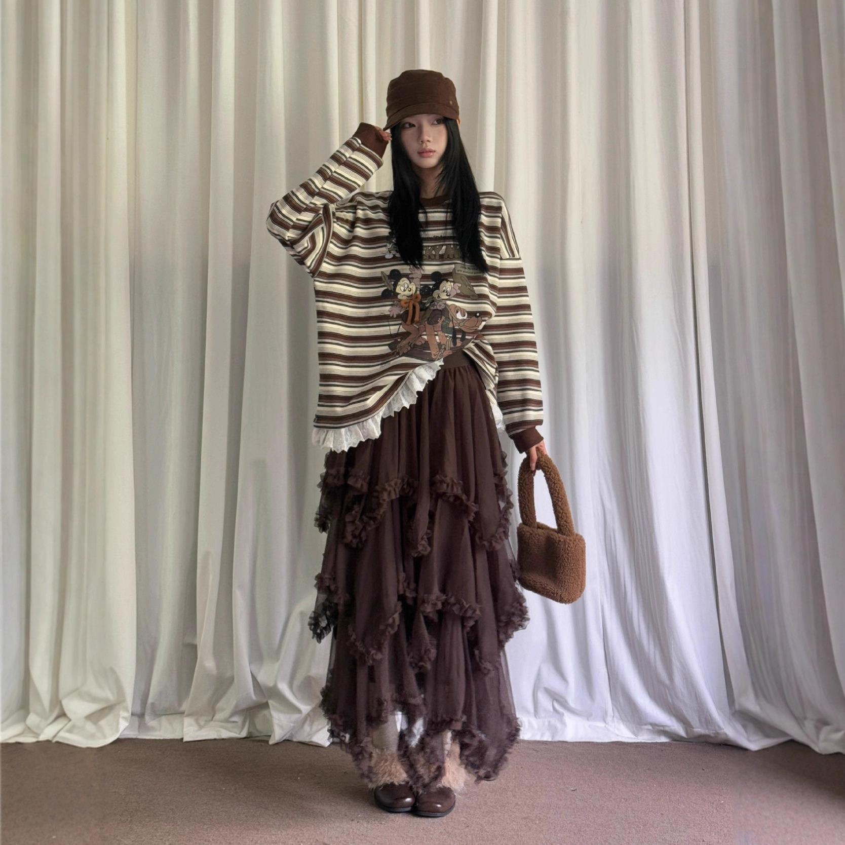 ME KAKAMEE十三行冬韩系压褶花边不规则设计内里加绒纱裙长裙 917