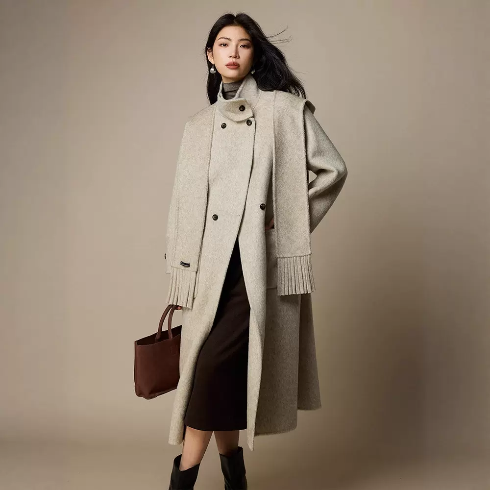 轻奢双面羊绒羊毛大衣女秋冬毛呢外套25新款女装连帽围巾长款呢子