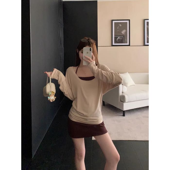 慵懒风纯欲露肩长袖T恤女秋季修身辣妹防晒罩衫休闲显瘦百搭上衣|undefined