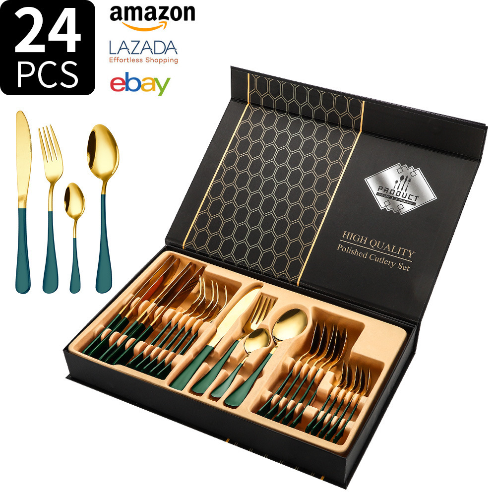 Fuente transfronteriza Amazon 1010 cubiertos de acero inoxidable cuchillo de comida occidental tenedor cuchara 24 piezas caja de regalo cuchara hotel