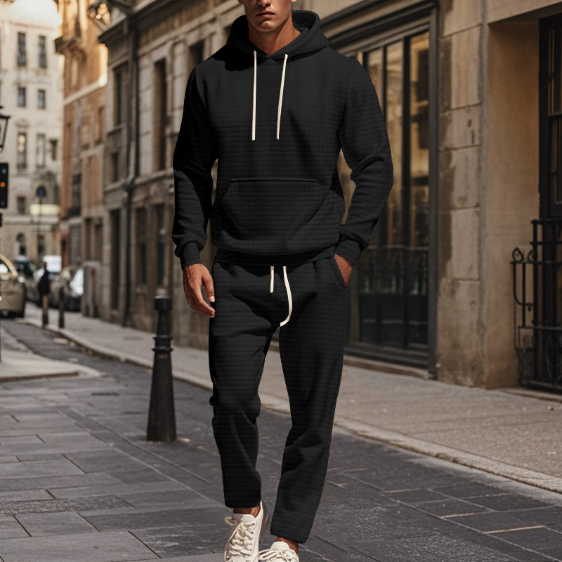 Men's Clothing heavy jacquard small square long sleeved trousers hooded suit _voghion.com