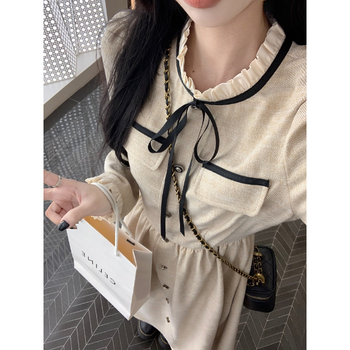 小香風名媛気質ワンピース女性秋冬2024新型腰を収めて痩せている中長のストラップ長袖スカート|undefined