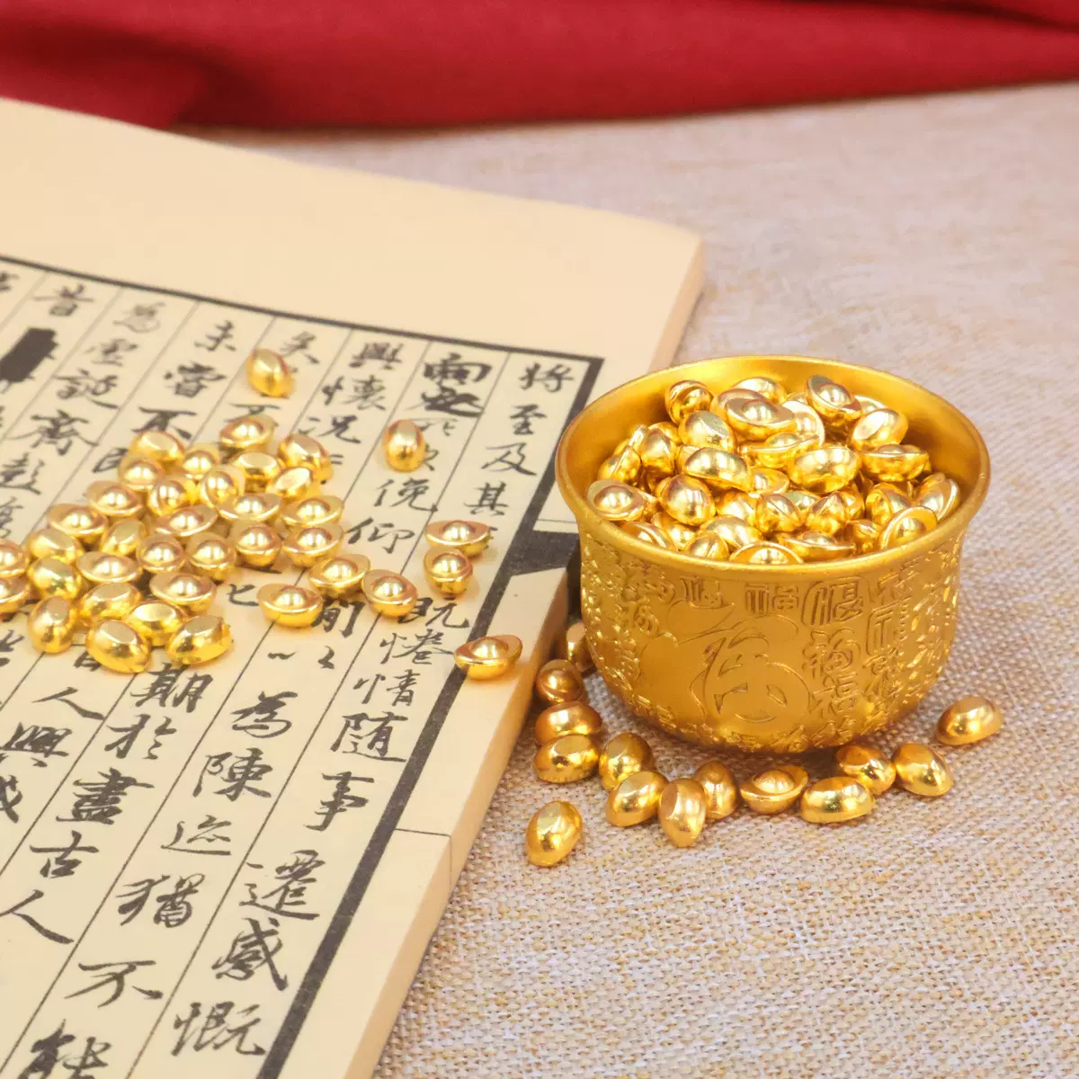 金色百福供杯中式复古精雕百福缸百福杯聚宝盆桌面摆件高档家居装