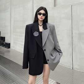 小众设计感不规则拼色西装外套女春秋新款高级气质垫肩西服上衣潮