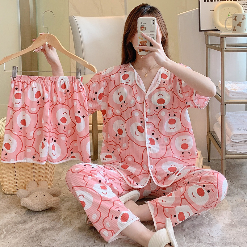 Explosión de tres piezas Cardigan pijama de mujer de verano de mangas cortas pantalones largos delgados se pueden usar dibujos animados dulce conjunto de ropa para el hogar