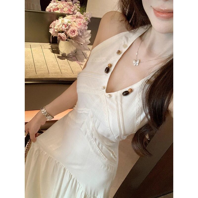 Miss Nali's Sleeveless Halter Neck Dress with Collar Patchwork Design, Summer Off-Shoulder Waist-Cinching Slimming Long Dress