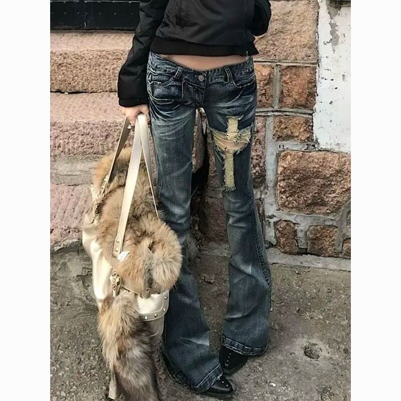 American-Style Plus-Size Vintage Double-Pocket Cross-Decorated Denim Jeans for Women, Slim-Fit, Ripped, Flared Long Pants