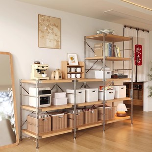 Japanese-Style Floor-Standing Storage Rack with Optical Axis for Living Room and Kitchen, Multi-Layer Storage Shelf, Bookcase, Display Cabinet, Integrated Against the Wall
