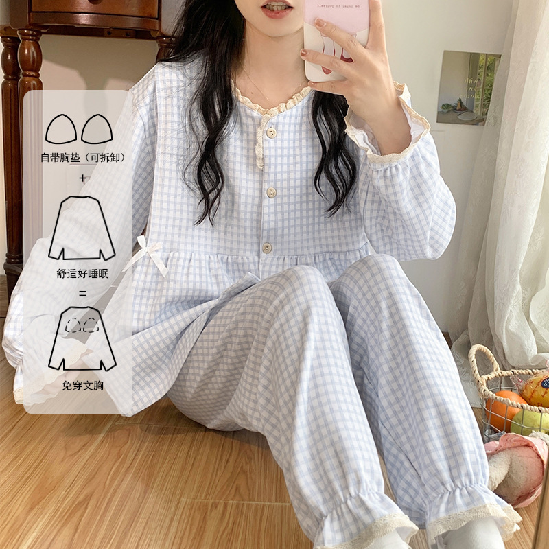 New Plaid Light and Soft Moon Clothing with Chest Pad in Spring, Autumn and Summer After March Pregnant Women's Pajamas Breast-feeding 3 Manufacturers
