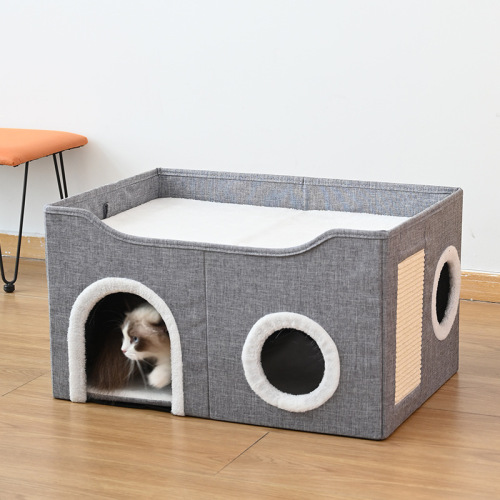 Amazon Double Layer Cat Bed Winter Warmth Foldable Semi-Closed Cat House Cat Scratching Board Winter Cat Villa