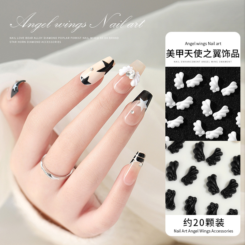 Joyería de uñas al por mayor Mini alas tridimensionales alas de Ángel negro blanco resina decoración de uñas 20 piezas