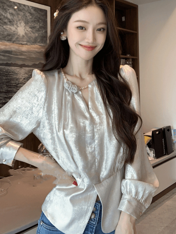 Exquisite Three-Dimensional Floral Satin Shirt for Women, Autumn French Style, New Romantic Atmosphere Blouse Exquisite Three-Dimensional Floral Satin Shirt for Women, Autumn French Style, New Romantic Atmosphere Blouse