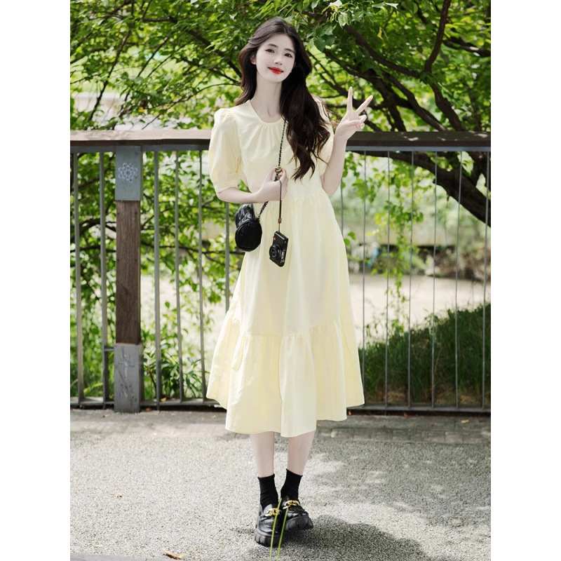 French Gentle Style Milky Yellow Puff Sleeve Dress Summer Unique and Beautiful Loose Maternity Skirt