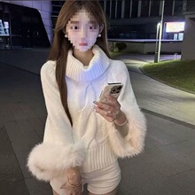 休闲韩版袖口休闲针织上衣毛衣麻花一字肩高领套头毛毛卡其白色