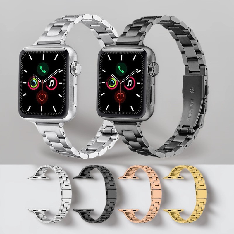 Suitable for Apple Watch Strap Three-Bead Flat Buckle Stainless Steel Thin Watch Strap iWatch Metal Smart Watch Strap