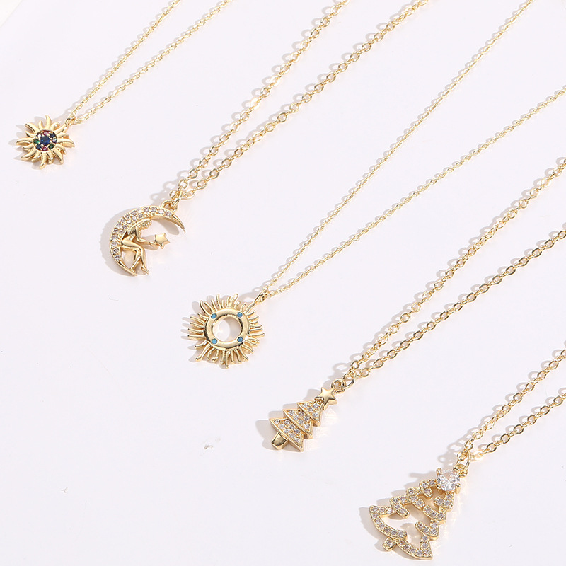 Fashion Christmas Tree Sun Moon Copper Gold Plated Zircon Pendant Necklace 1 Piece