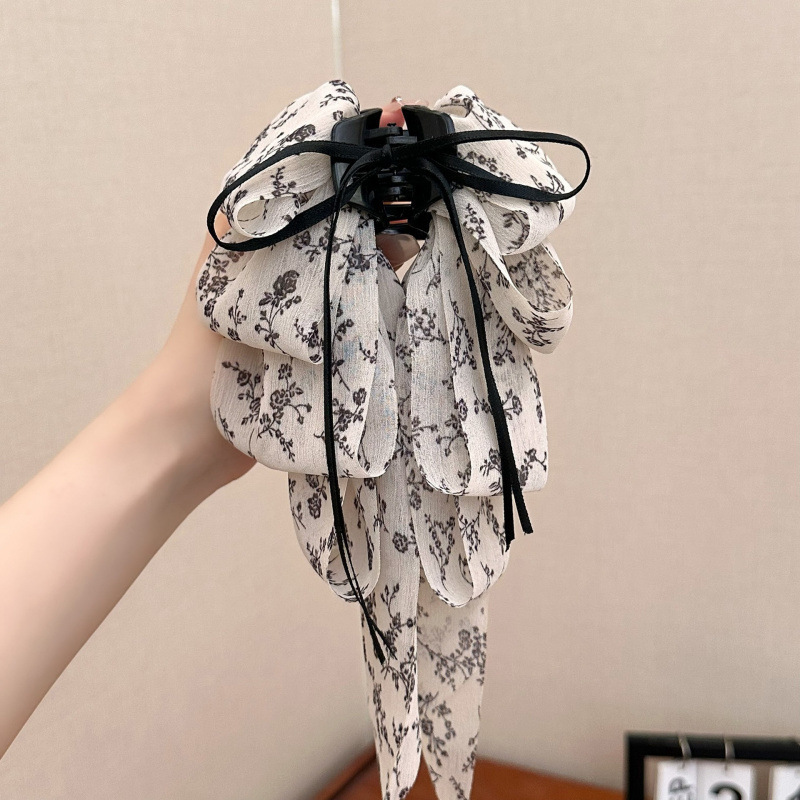 スーパーフェアリーフローラルビッグリボンリボンクリップフォレストスタイルハイエンドシャーククリップ後頭部用シフォン生地ポニーテールクリップ|undefined