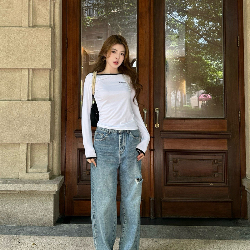 mi u上衣宽圆领百搭打底衫女25早秋8月新品刺绣字母撞色百搭叠穿|undefined