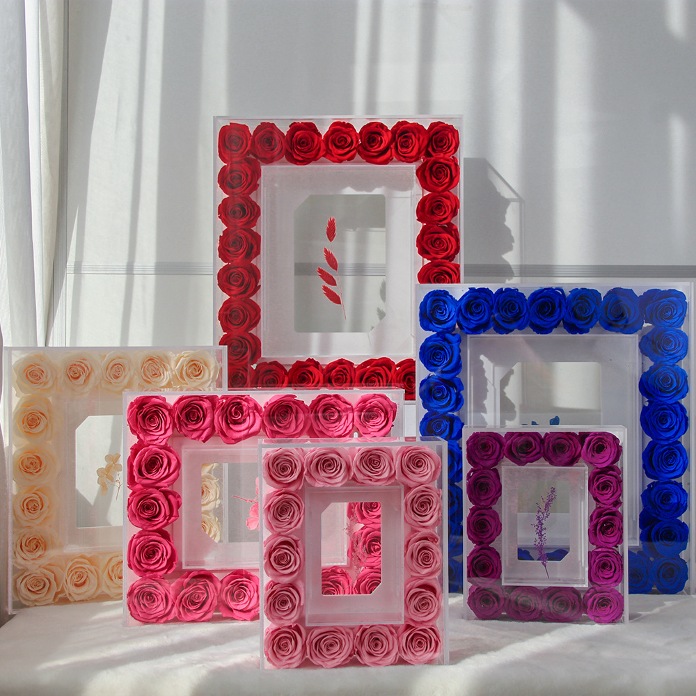 Comercio exterior Amazon regalo de San Valentín rosa caja de regalo acrílico decoración para el hogar marcos de flores inmortales productos terminados