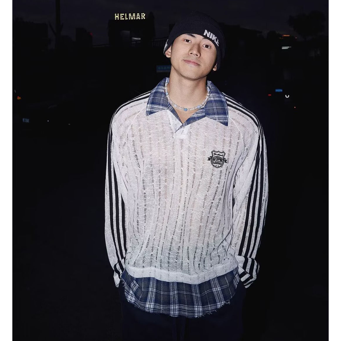 Otoño y invierno nuevo falso de dos piezas de manga larga hombre hueco polo camiseta con solapa cuadrilátero desgastado tela artesanal comercio exterior al por mayor transfronterizo