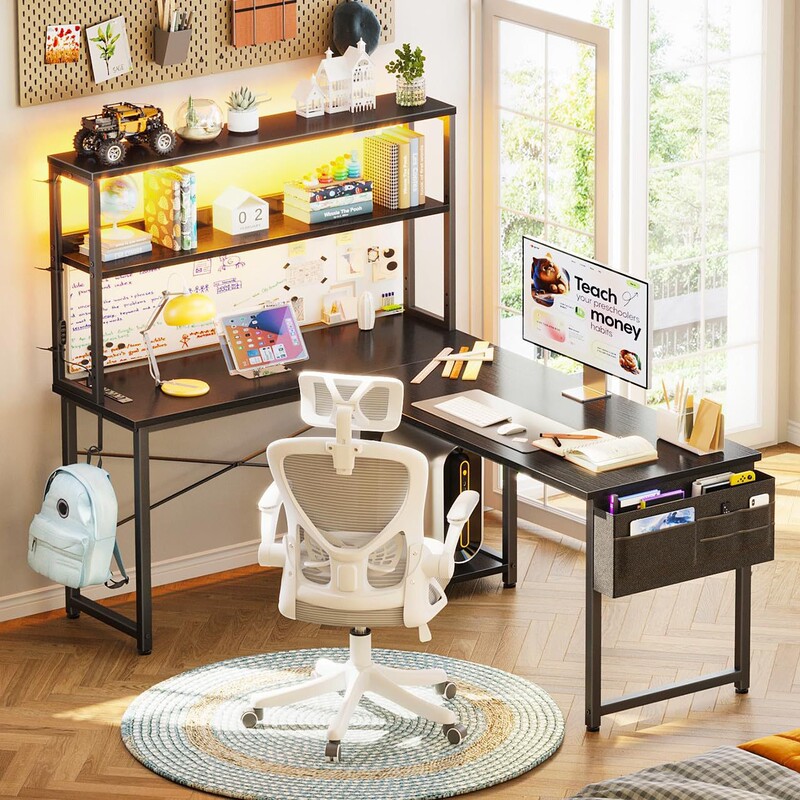 With Led Lights and Power Outlet Shelves 53inch Reversible L-Shaped Computer, Gaming Desk with Storage Bag